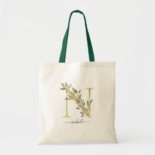 Minimal Organic Greenery Gold Monogram Letter N Tote Bag