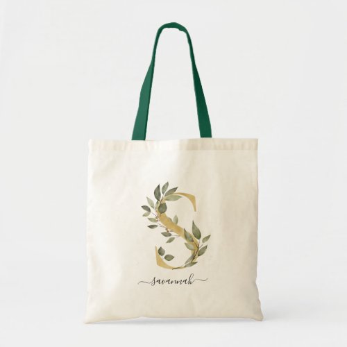 Minimal Organic Greenery Gold Monogram Letter S Tote Bag