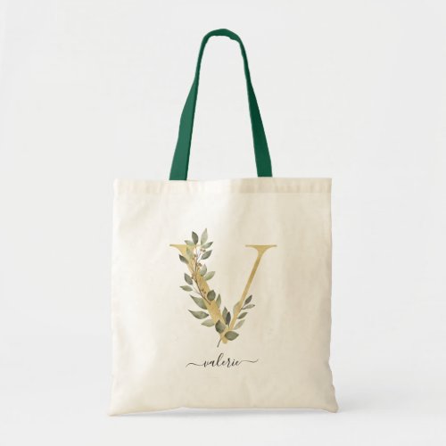 Minimal Organic Greenery Gold Monogram Letter V Tote Bag