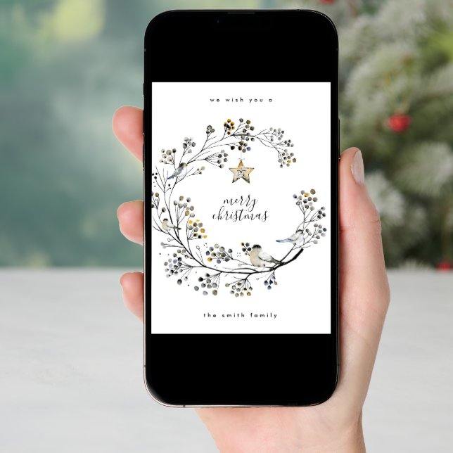 Minimal Organic Merry Christmas Star Wreath Photo Holiday Card (Front Digital)