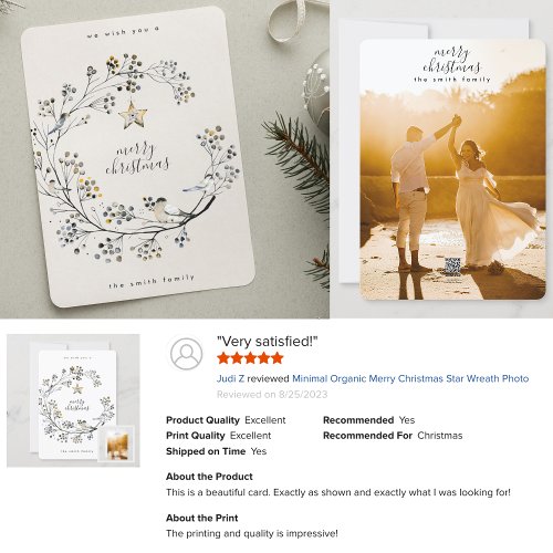 Minimal Organic Merry Christmas Star Wreath Photo Holiday Card