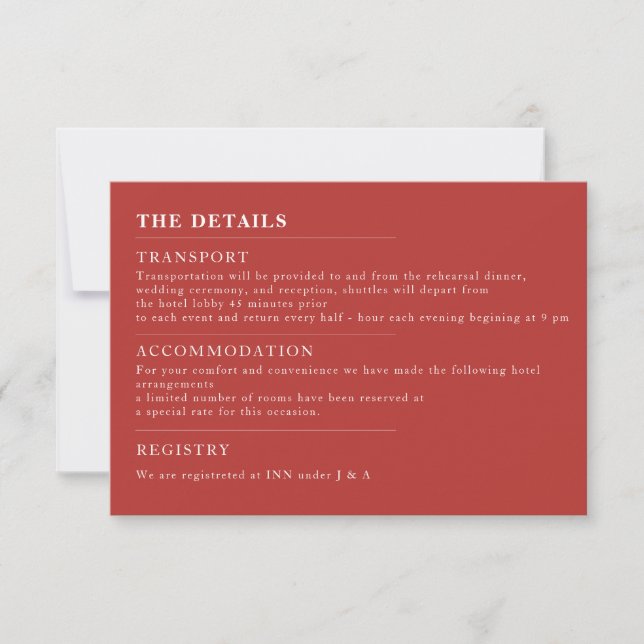Minimal Pale carmine Wedding Details Invitation (Front)