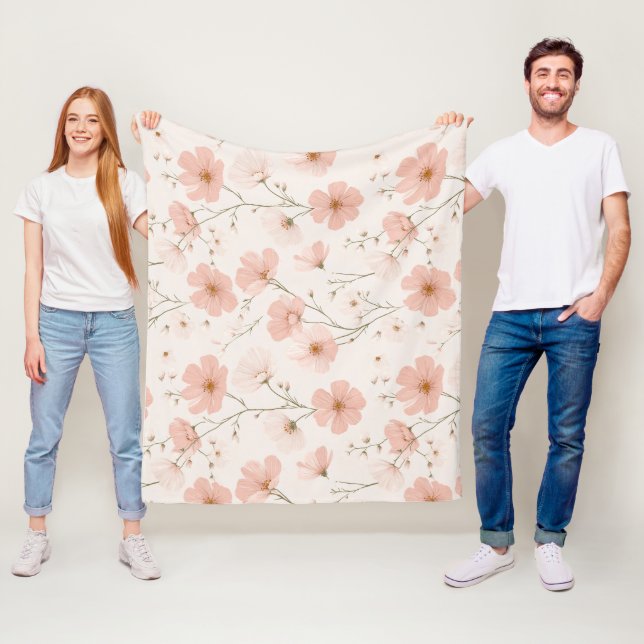 Minimal Pale Pink Flower White Floral Pattern Fleece Blanket (In Situ)