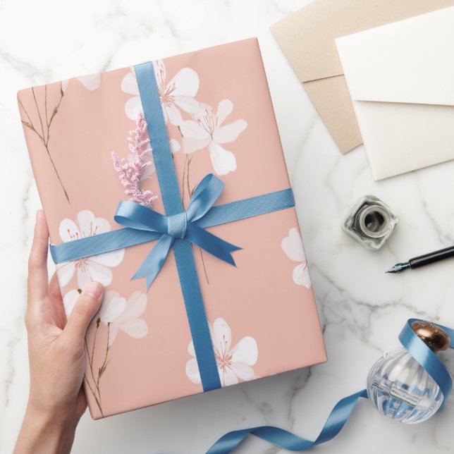 Minimal Pale Pink Flower White Floral Pattern Wrapping Paper (Gifting)