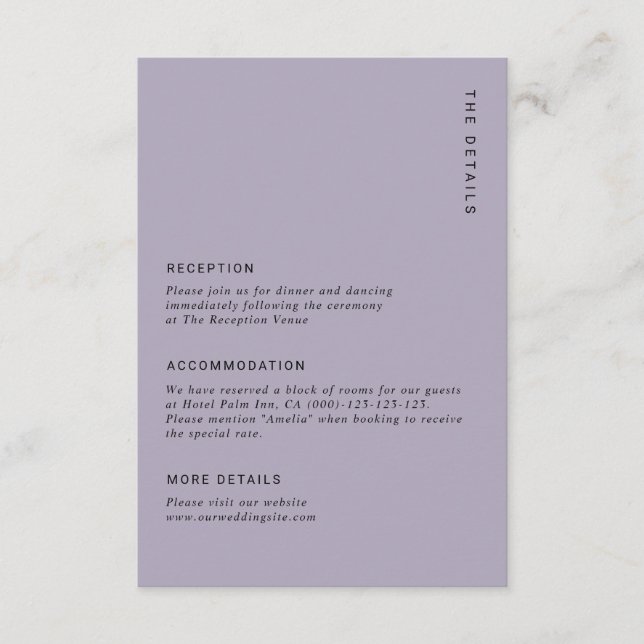 Minimal Pale Purple Modern Simple Wedding Details Enclosure Card (Front)