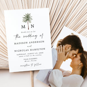 Minimal Palm Tree Monogram Photo Wedding Invitation