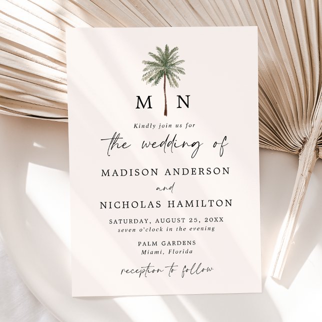 Minimal Palm Tree Monogram Wedding Invitation (Creator Uploaded)