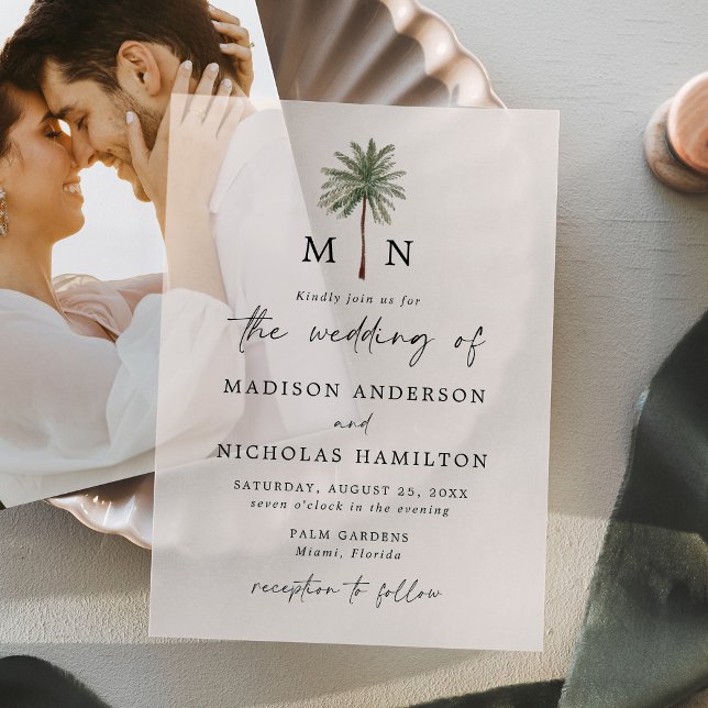 Minimal Palm Tree Monogram Wedding Vellum Invitations (Creator Uploaded)