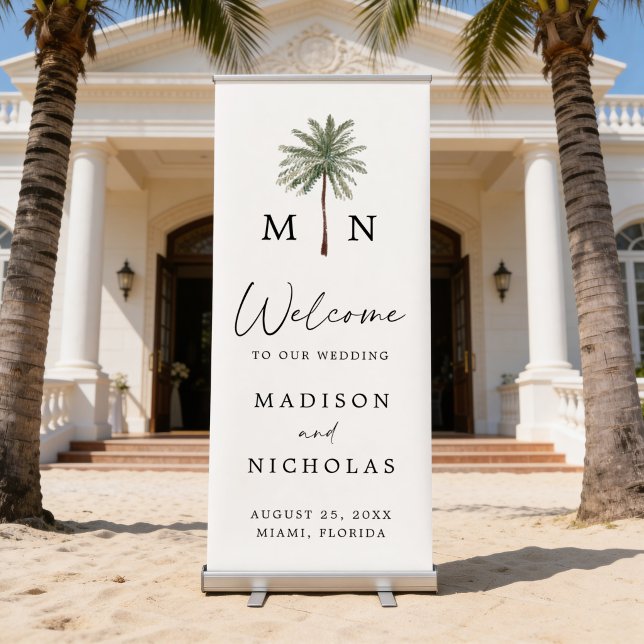 Minimal Palm Tree Monogram Wedding Welcome Retractable Banner (Creator Uploaded)