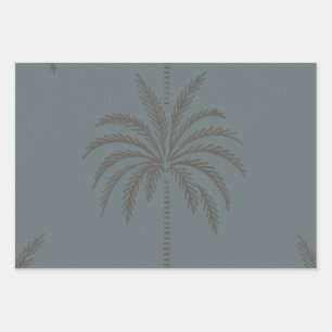 Minimal Palm Tree Pattern Blue Grey Tropical Wrapping Paper Sheets