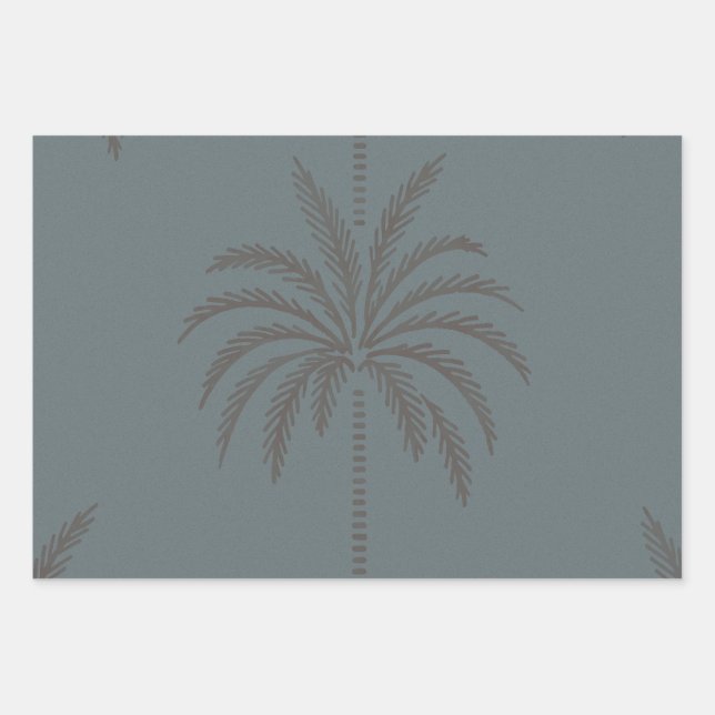 Minimal Palm Tree Pattern Blue Grey Tropical  Wrapping Paper Sheets (Front)