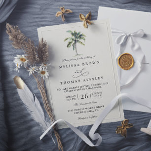 Minimal Palm Tree Tropical Beach Elegant Wedding Invitation