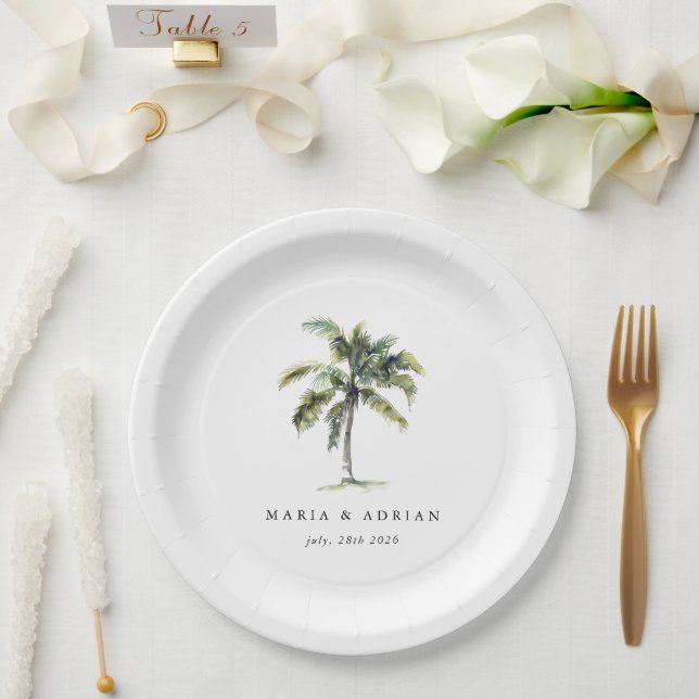 Minimal Palm Tree Tropical Beach Wedding Paper Plates (Wedding)