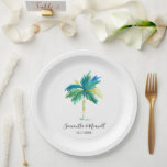 Minimal Palm Tree Tropical Beach Wedding Paper Plates<br><div class="desc">Elevate your tropical wedding or beach party with these cute paper plates, featuring a charming watercolor palm tree design. Personalize with your custom names and wedding date using the easy-to-edit template fields, making them the perfect choice for a destination wedding in Florida, Hawaii, or California. These tropical wedding plates are...</div>