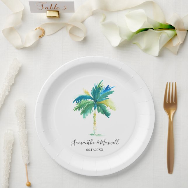Minimal Palm Tree Tropical Beach Wedding Paper Plates (Wedding)