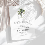 Minimal Palm Tree Tropical Beach Wedding Save The Date<br><div class="desc">Minimal tropical wedding Save the Date Card,  featuring a single watercolor palm tree illustration at the top of the invite on a classic white background. Personalize the palm tree wedding save the date cards with your own wedding details using the simple serif font template.</div>