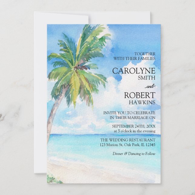 Minimal Palm Tree Tropical Island Beach Wedding Invitation (Front)