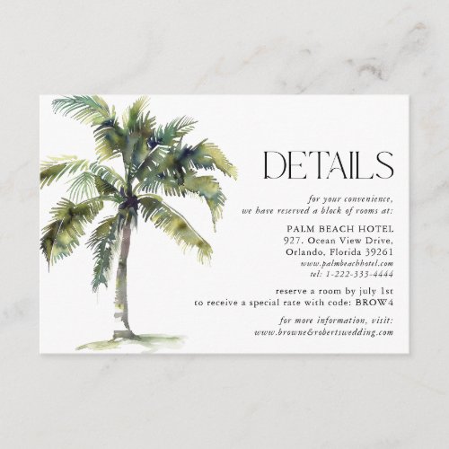 Minimal Palm Tree Tropical Wedding Details Enclosure Card