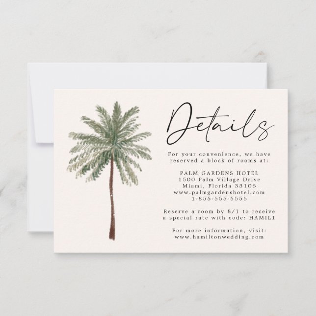 Minimal Palm Tree Wedding Details Card (Front)