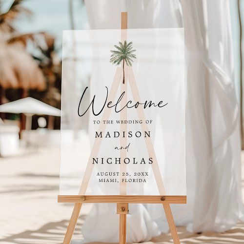 Minimal Palm Tree Wedding Welcome Frosted Acrylic Sign