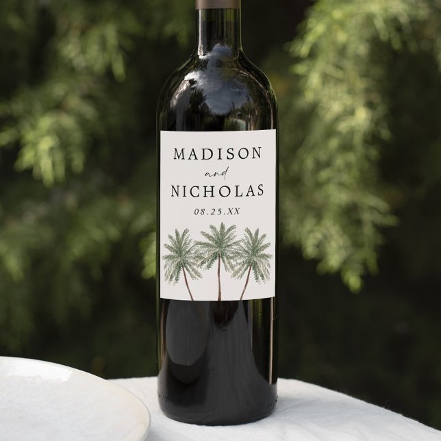 Minimal Palm Trees Cream Personalized Wedding Wine Label (Creator Uploaded)