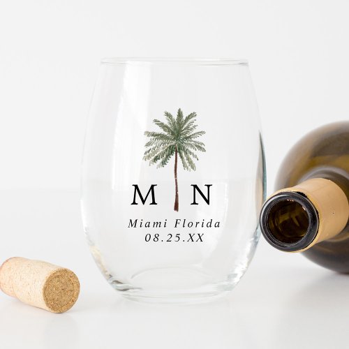 Minimal Palm Trees Monogram Wedding Stemless Wine Glass