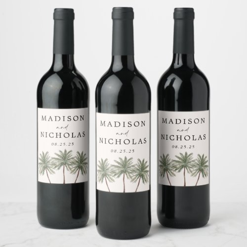 Minimal Palm Trees Personalized Wedding Wine Label