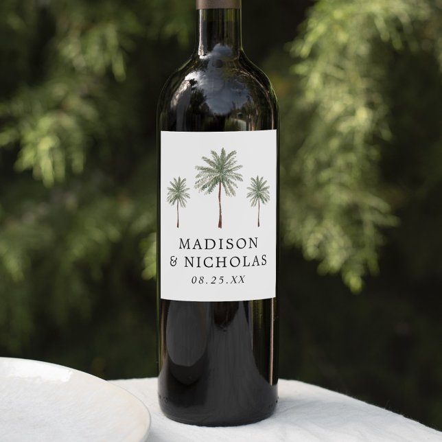 Minimal Palm Trees Personalized Wedding Wine Label (Creator Uploaded)