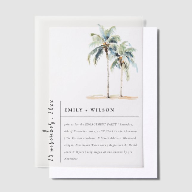 Minimal Palm Trees Tropical Watercolor Engagement Vellum Invitations (Offset)