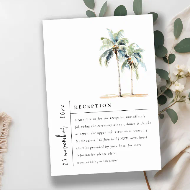 Minimal Palm Trees Tropical Wedding Reception Enclosure Card | Zazzle