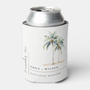 Minimal Palm Trees Watercolor Tropical Wedding Can Cooler
