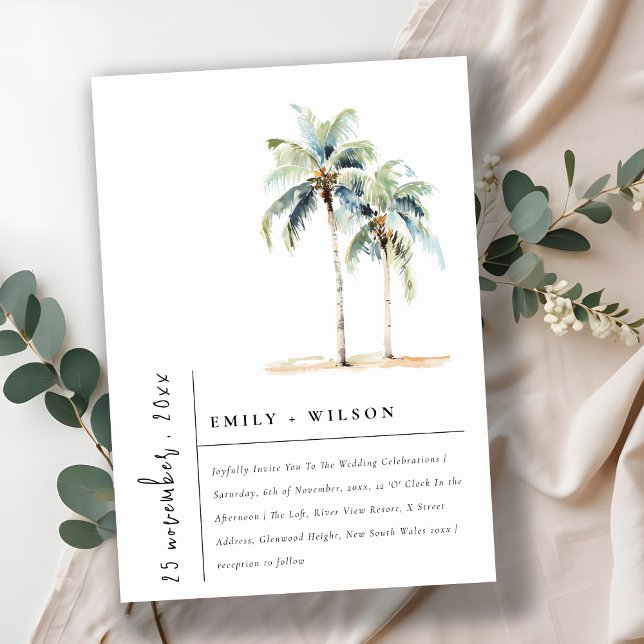 Minimal Palm Trees Watercolor Tropical Wedding Invitation (Creator Uploaded)