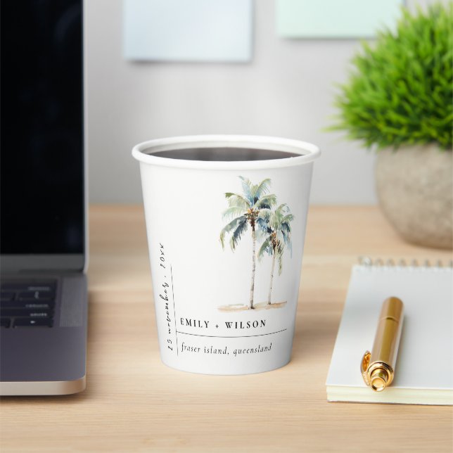 Minimal Palm Trees Watercolor Tropical Wedding Paper Cups (Insitu)