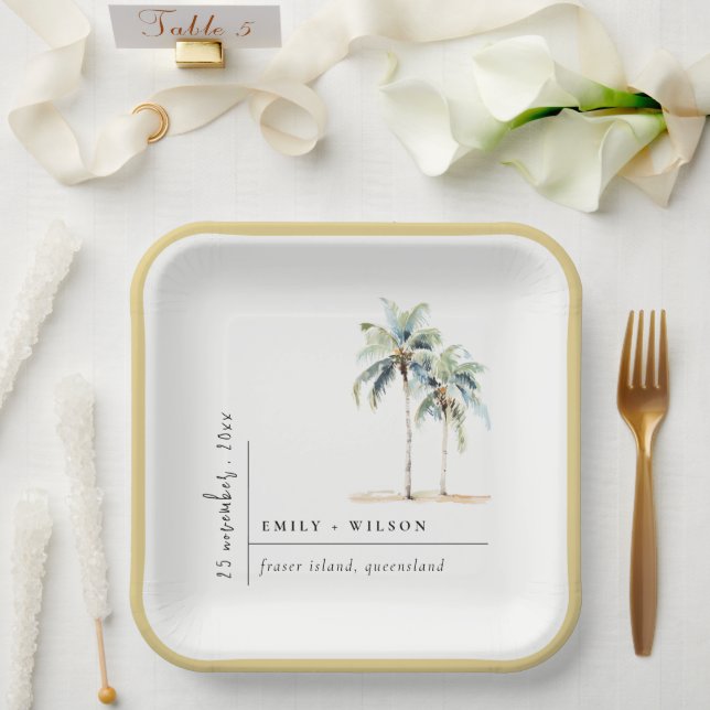 Minimal Palm Trees Watercolor Tropical Wedding Paper Plates (Wedding)