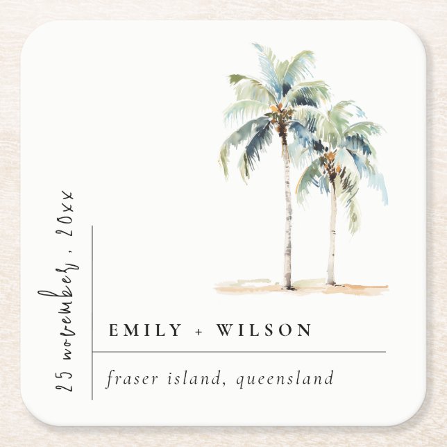Minimal Palm Trees Watercolor Tropical Wedding Square Paper Coaster (Front)