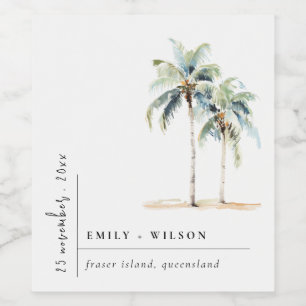 Minimal Palm Trees Watercolor Tropical Wedding Wine Label