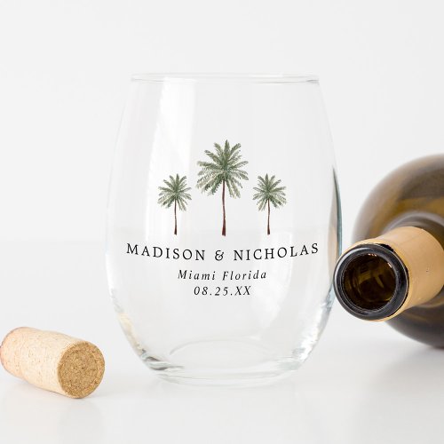 Minimal Palm Trees Wedding Stemless Wine Glass