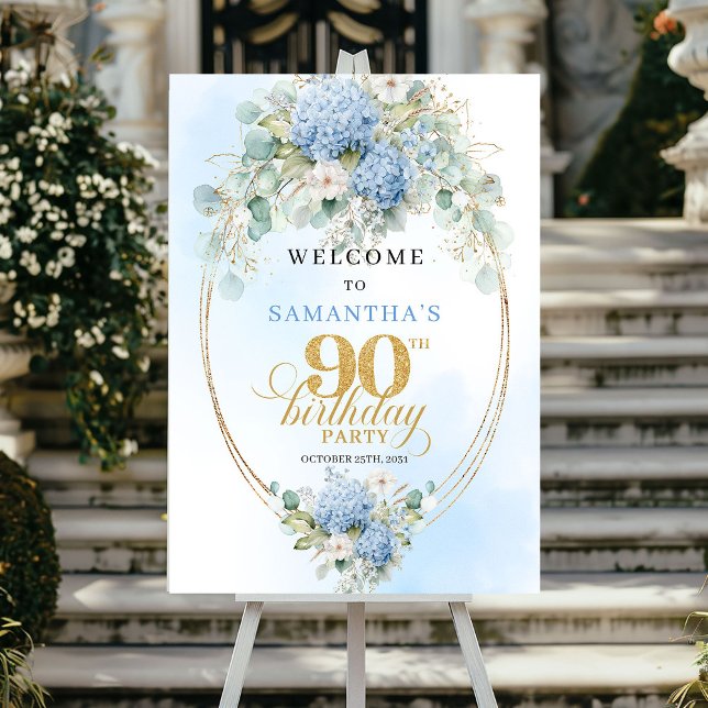 Minimal Pastel Blue Floral 90th birthday welcome Poster (Minimal Pastel Blue Floral 90th birthday welcome)