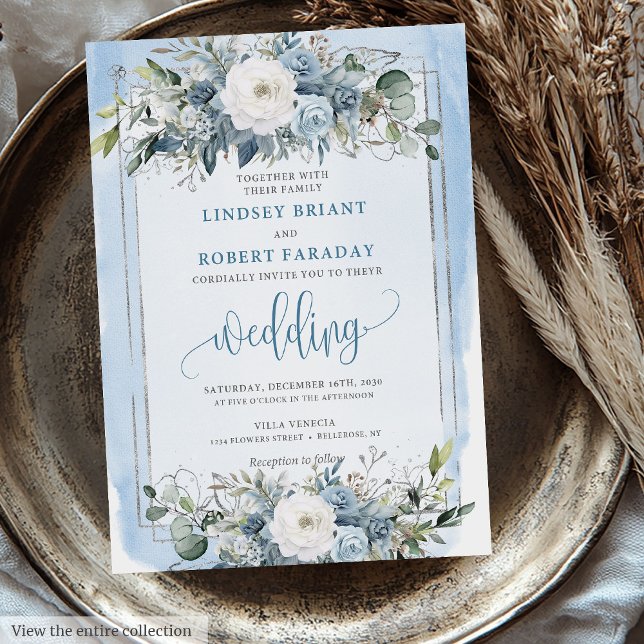 Minimal Pastel Blue White Silver Peonies Wedding  Invitation (Minimal Pastel Blue White Silver Peonies Wedding Invitation)