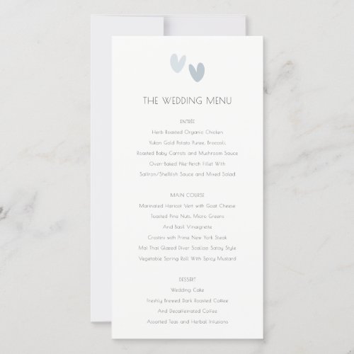 Minimal Pastel Dusky Blue Hearts Wedding Menu Card
