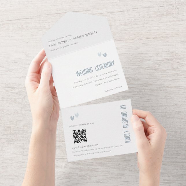 Minimal Pastel Dusky Blue Hearts Wedding QR Code All In One Invitation (Tearaway)