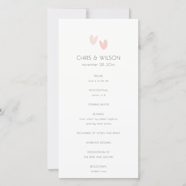 Minimal  Pastel Dusky Pink Hearts Wedding Program (Front)