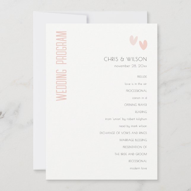 Minimal  Pastel Dusky Pink Hearts Wedding Program (Front)