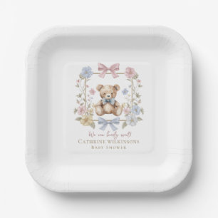 Minimal Pastel Floral Teddy Bear Baby Shower  Paper Plates