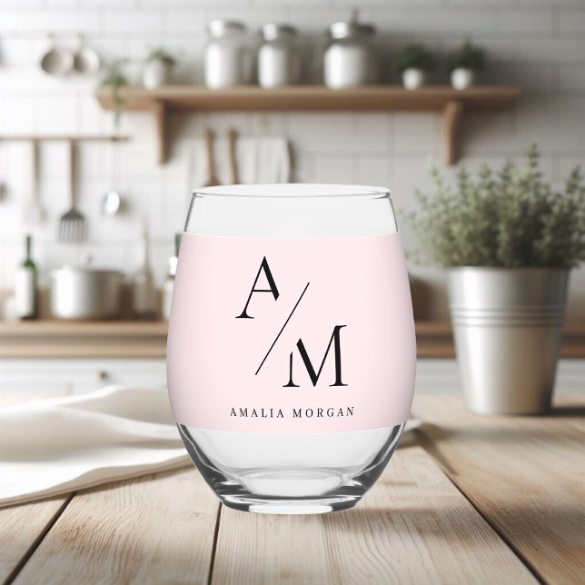Minimal Pastel Pink Initial & Personalized  Stemless Wine Glass (Creator Uploaded)