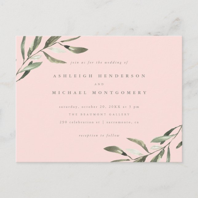 Minimal Pastel Pink & Sage Green Branches Wedding Invitation Postcard (Front)