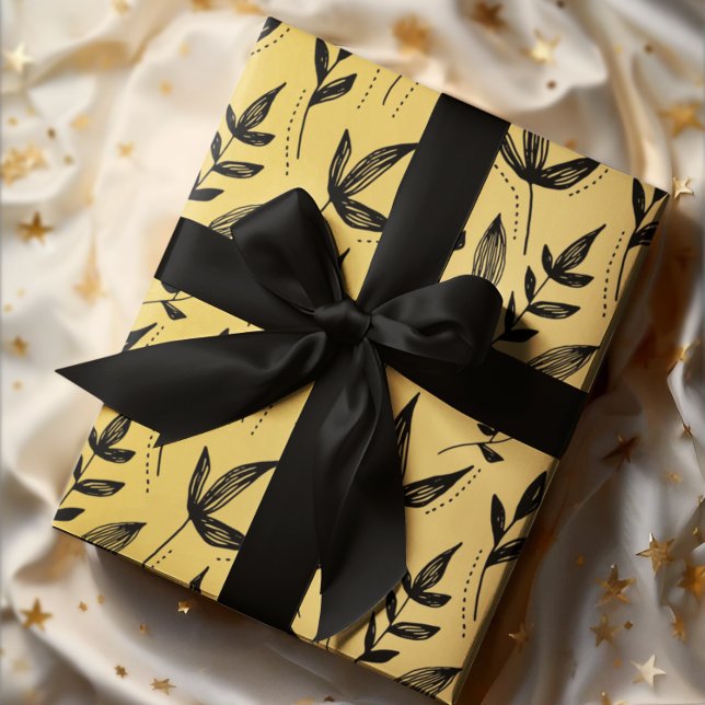 Minimal Pattern Black Lines Leaves Yellow Birthday Wrapping Paper (Creator Uploaded)