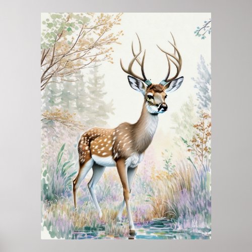 Minimal Peaceful Deer Landscape Painting AI Art Poster
