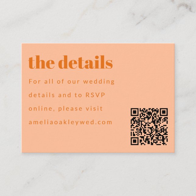 Minimal Peach Orange Retro Custom Wedding QR Code Enclosure Card (Front)