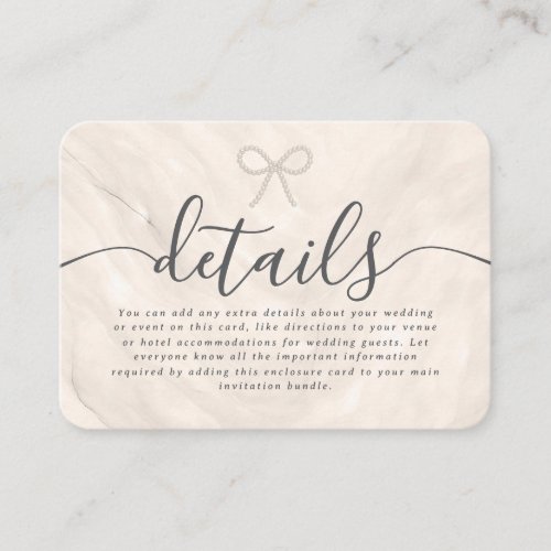 Minimal Pearl Bow Champagne Wedding Details Enclosure Card